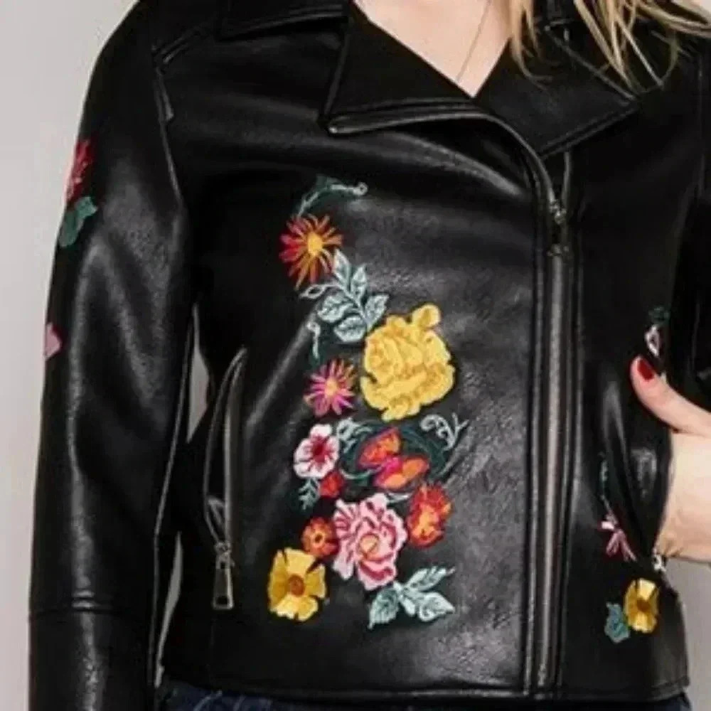 BLACK LEATHER JACKET EMBROIDERED JACKET VEGAN - Picture 3 of 4